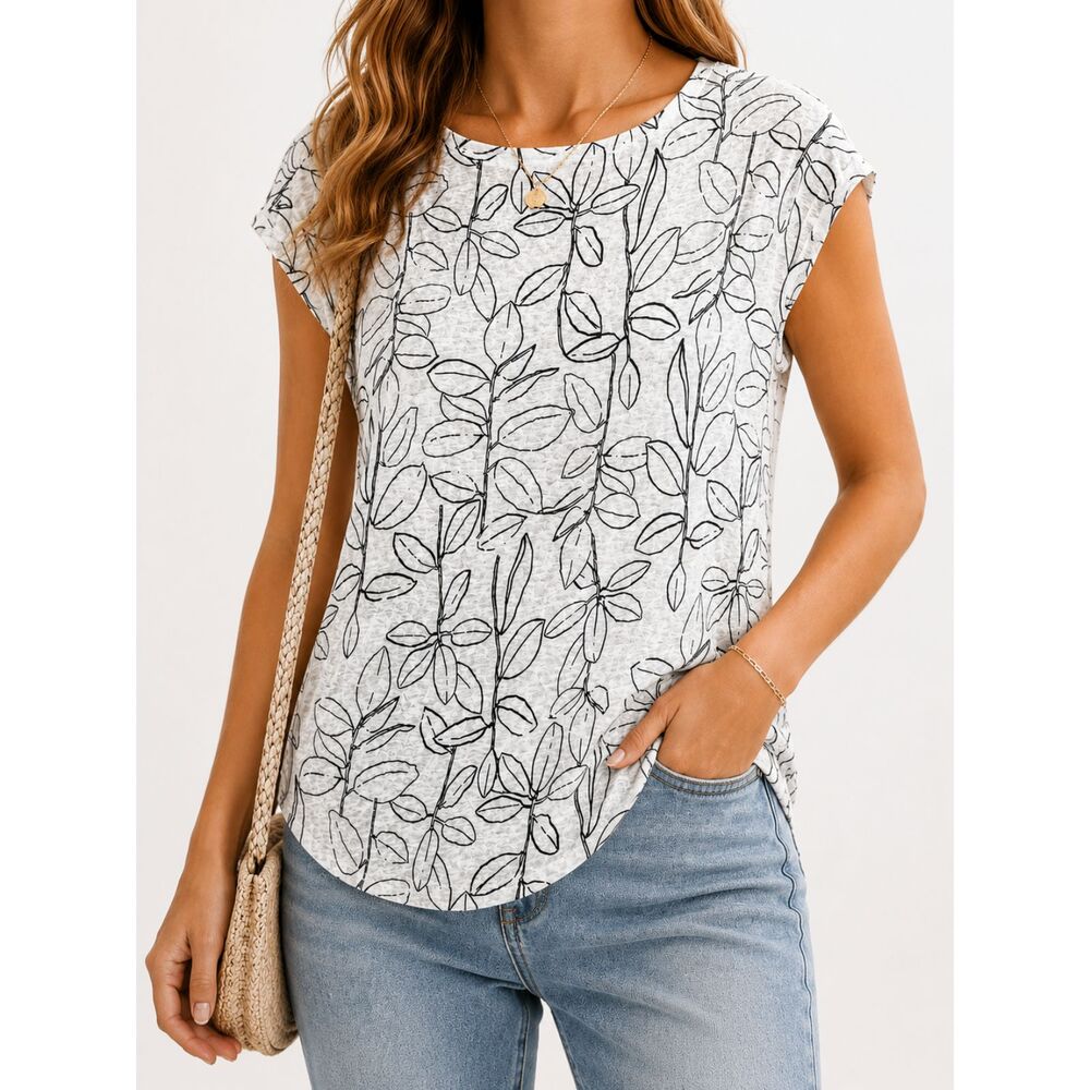Cynthia Rowley 100% Linen Leaf Print Top Women's XS White Black Lightweight